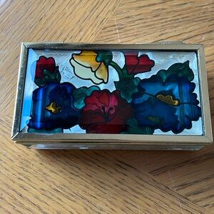 Joan Baker Designs HandPainted Stained Glass Floral Beveled Mirrored Trinket Box